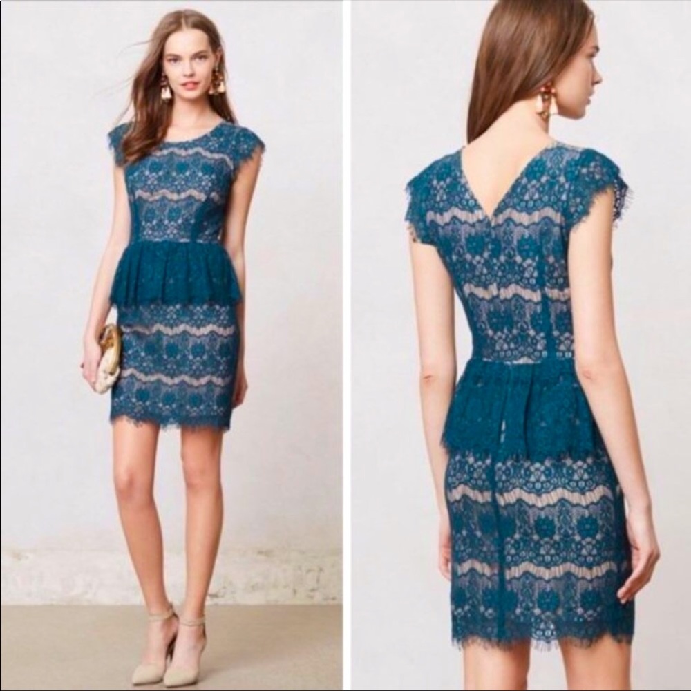 Anthropologie Maeve Teal Elsa Lace Peplum Dress